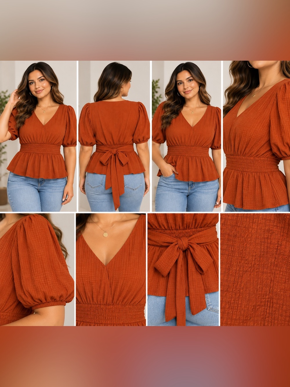 Bobeau Rust Orange Puff Sleeve Tie-Back Peplum Blouse Size M NWT